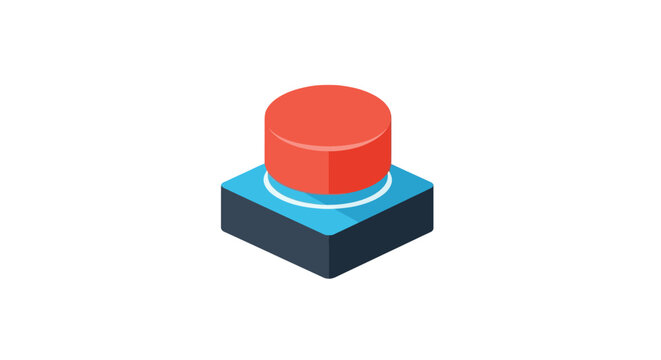 Isometric red button icon on blue square isolated illustration