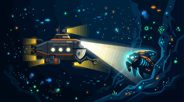 An evocative Flat Design illustration of a deep-sea submersible exploring the mysterious depths of an ocean trench, highlighted by bioluminescent organisms.