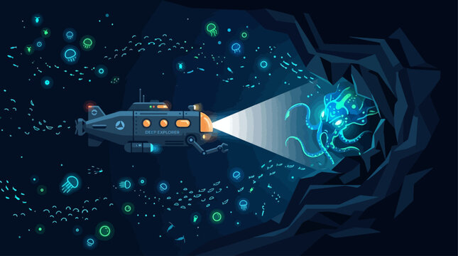 An evocative Flat Design illustration of a deep-sea submersible exploring the mysterious depths of an ocean trench, highlighted by bioluminescent organisms.