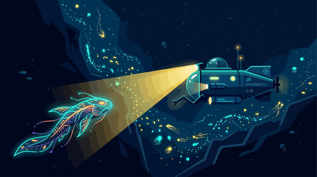 An evocative Flat Design illustration of a deep-sea submersible exploring the mysterious depths of an ocean trench, highlighted by bioluminescent organisms.