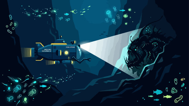 An evocative Flat Design illustration of a deep-sea submersible exploring the mysterious depths of an ocean trench, highlighted by bioluminescent organisms.
