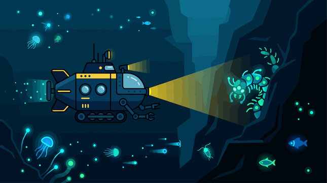 An evocative Flat Design illustration of a deep-sea submersible exploring the mysterious depths of an ocean trench, highlighted by bioluminescent organisms.