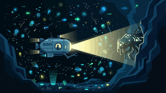 An evocative Flat Design illustration of a deep-sea submersible exploring the mysterious depths of an ocean trench, highlighted by bioluminescent organisms.