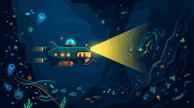 An evocative Flat Design illustration of a deep-sea submersible exploring the mysterious depths of an ocean trench, highlighted by bioluminescent organisms.