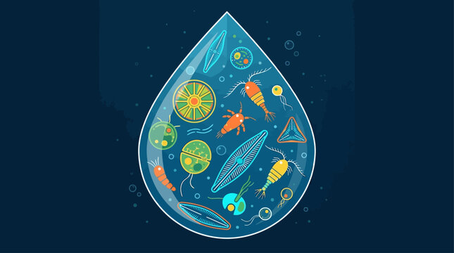 A captivating Flat Design illustration showcasing the intricate beauty of microscopic marine life, such as plankton and diatoms, within a single drop of water. 