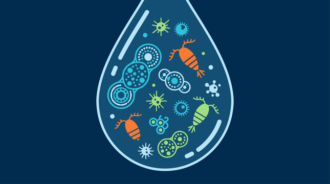 A captivating Flat Design illustration showcasing the intricate beauty of microscopic marine life, such as plankton and diatoms, within a single drop of water. 