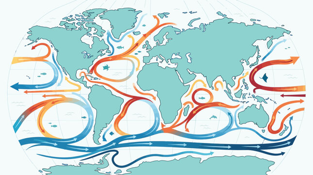 A dynamic Flat Design illustration depicting global ocean currents as swirling arrows and gradients across a world map. 