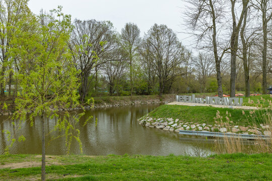 Veseli nad Moravou sign along the Bata Canal, Czechia