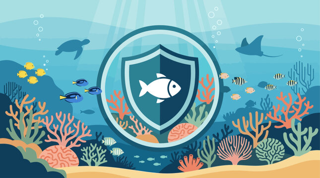 A conceptual Flat Design illustration representing a marine protected area (MPA), featuring a symbolic shield over a healthy, thriving underwater ecosystem. 