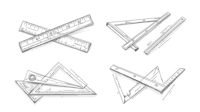 Black and white illustration of various geometric measuring tools including rulers and triangles
