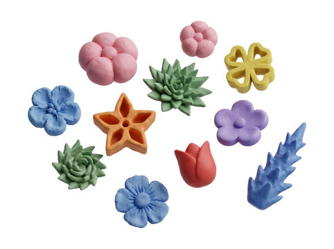 Collection of colorful 3D matte clay flowers and abstract botanical shapes floating on white