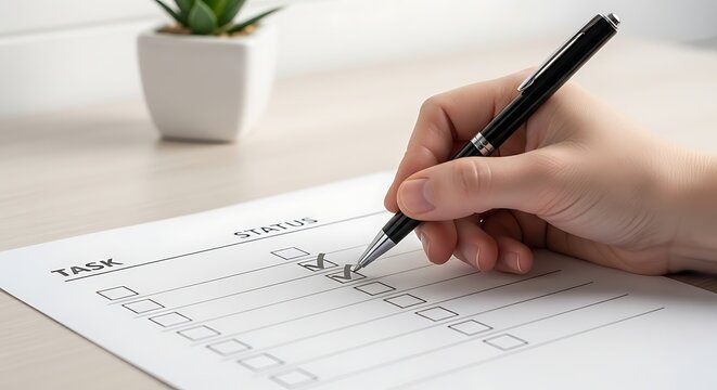Hand holding pen checking box on task list
