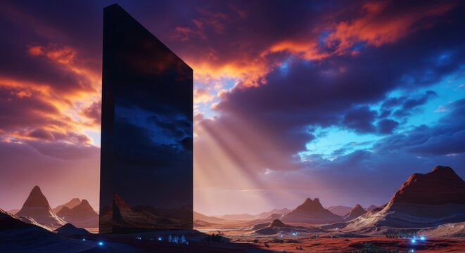 A colossal, imposing black geometric monolith structure standing vertically in an alien landscape under a dramatic, cloudy sky, isolation, epic, ancient