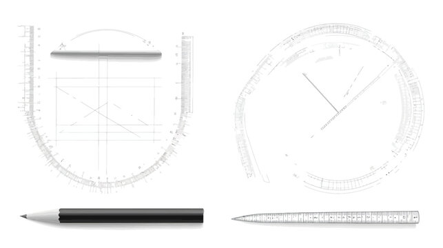 Architectural blueprint elements are placed on white background.  Tools include a pencil and a ruler
