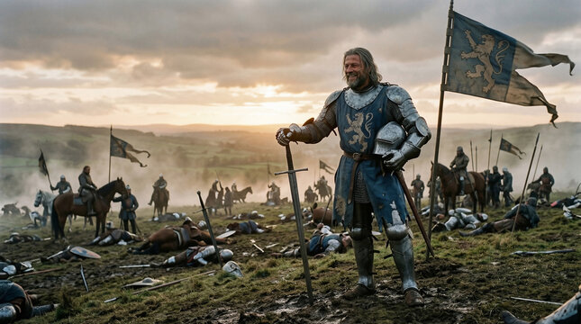 Knight's Conquest: A lone knight stands victorious amidst the aftermath of a historic battle, a symbol of courage and leadership amidst a field of fallen adversaries and flags.