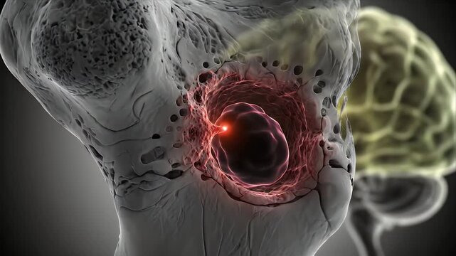 Detailed CGI of a diseased bone structure with visible internal damage and glowing red inflammation against a dark background for medical education and research presentations
