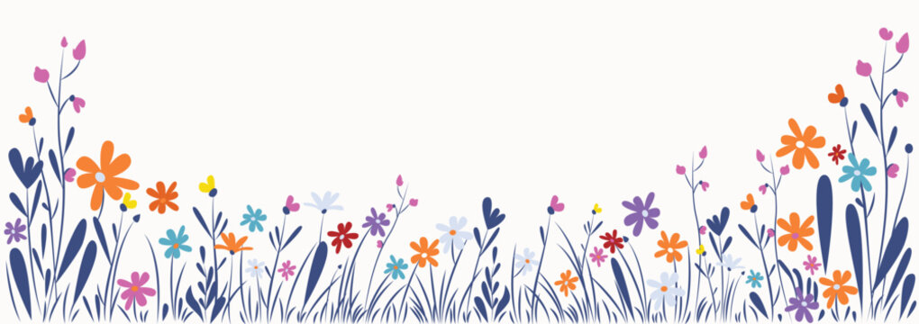 Beautiful and vibrant spring meadow, colorful flowers and grass border on white background, vector illustration
