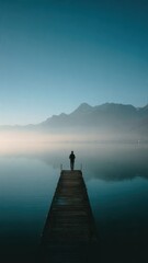 Fototapeta premium Solitary Figure Standing on Dock Over Calm Lake