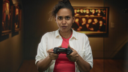 Woman smiling while holding a gamepad and playing with focused hands in an art gallery building with framed paintings on the walls  joy play leisure. © Krakenimages.com