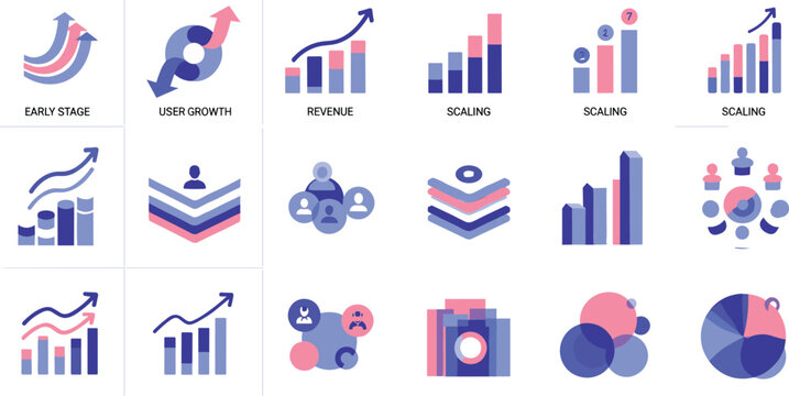 Business growth and analytics icons set with revenue charts, scaling and user growth in flat style for marketing and data visualization design