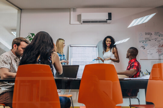 Diverse team meeting in modern office with presentation