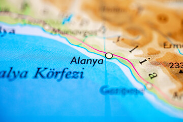 Obraz premium Macro map detail of Alanya coastline for travel planning and navigation concept.