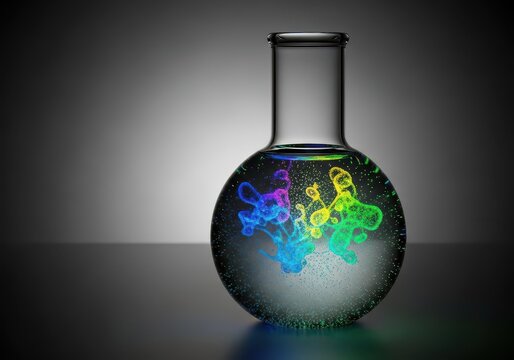 Scientific view of a colloidal suspension, showing solid nanoparticles dispersed in an aqueous medium using laboratory glassware, microscopic, glass, lab