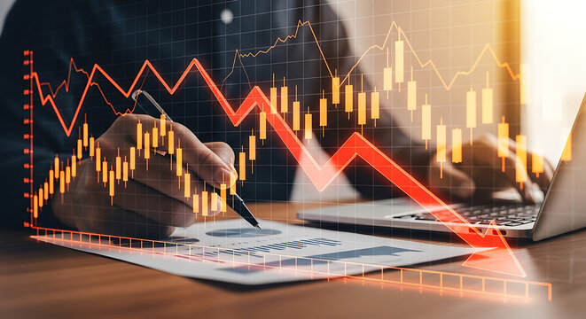 Person working on a laptop while analyzing a financial chart with a large glowing red downward arrow indicating a market crash or economic decline on a desk