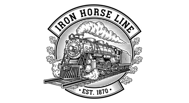 Vintage steam train logo with iron horse line text.