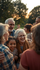 Fototapeta premium A diverse group of people of different ages and ethnicities gathered together in a park at sunset, smiling and embracing each other.