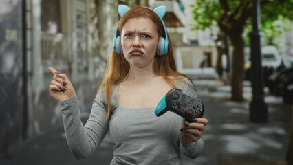 Redheaded woman holding a gamepad and wearing cat ear headphones points finger in a street  frustration defiance. © Krakenimages.com