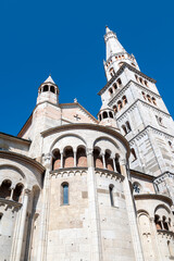 Fototapeta premium Modena Cathedral Romanesque facade with medieval sculptures and UNESCO heritage architecture .Duomo of Modena