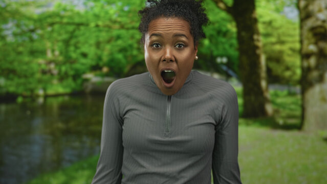 Woman mouth opens wide with raised eyebrows in forest pond setting under sunlit trees near calm water edge; surprise.