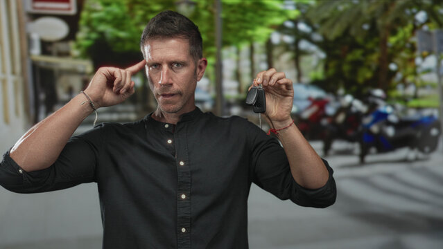 Man points finger to temple while holding car keys on street with parked scooters and trees; hesitation decision.