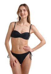 Fototapeta premium Beautiful woman wearing stylish swimsuit on white background