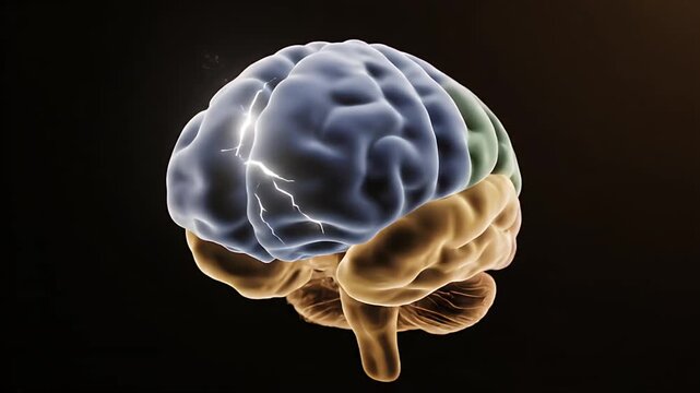Detailed CGI of Human Brain Anatomy Highlighting Cortical Regions with Neural Activity Visualization for Educational and Scientific Presentations on a Dark Abstract Background