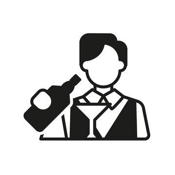 Bartender serving cocktail icon. Simple black barman silhouette icon with bottle and martini glass for bar and nightlife design. Vector illustration.