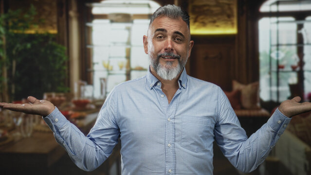 Man shrugging with palms up in a living room building while looking sideways with raised eyebrows; playful acceptance.