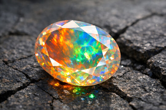 Vibrant Oval Faceted Fire Opal on Cracked Stone
