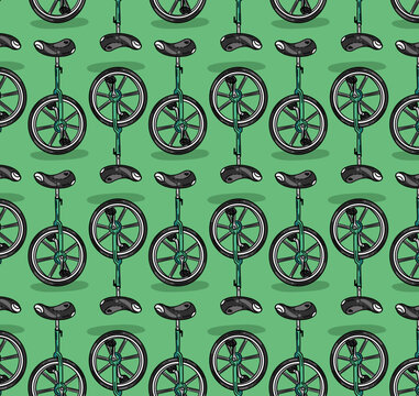 Green Unicycle pattern design in a seamless print of vector bike illustrations 