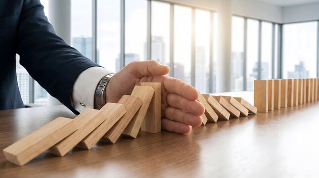 Domino effect a hand about to topple a row of wooden dominoes