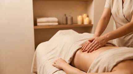 Obraz premium Close view of a therapist performing gentle abdominal lymphatic drainage massage on a client in a warm spa room