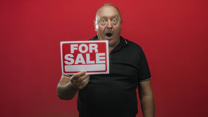 Man holds for sale sign with right hand in studio, mouth open in surprised expression and upright stance  surprise urgency. © Krakenimages.com