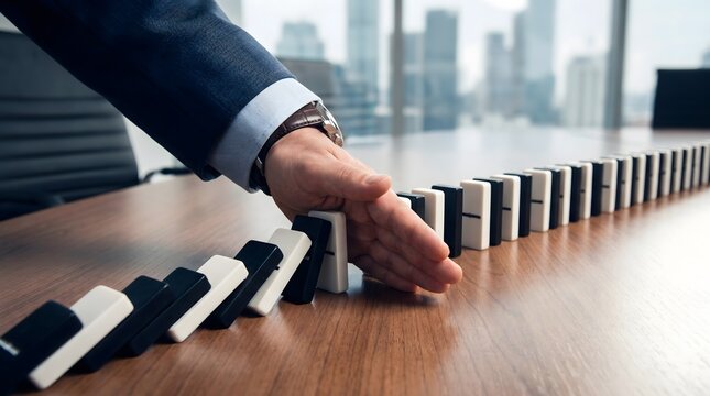 Domino effect a hand initiates a chain reaction in a modern office