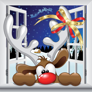 Reindeer cute and funny Meme Cartoon Character peeking at the Window on a winter Snowy landscape Vector Illustration 
