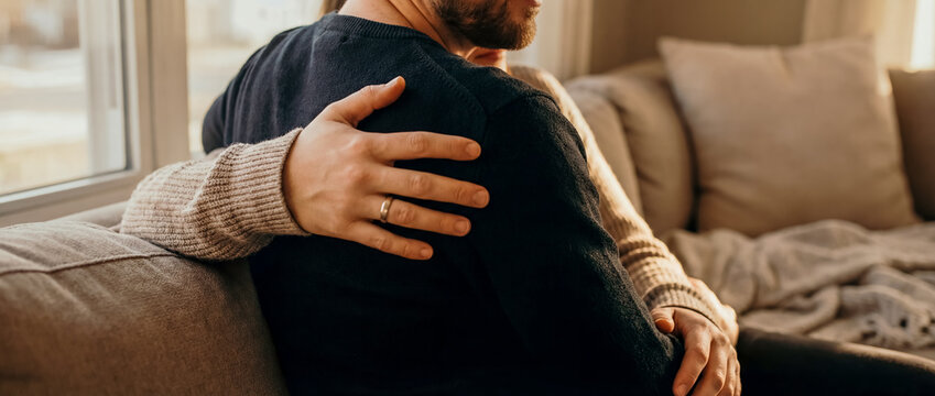 support comfort embrace tenderness cozy home trust connection warmth care a seated sofa embrace from behind shows comfort affection and emotional safety for relationship wellness and support themes