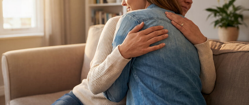 support comfort embrace tenderness cozy home trust connection warmth care cozy couch embrace in warm daylight shows comfort trust and emotional safety for relationship wellness and support themes