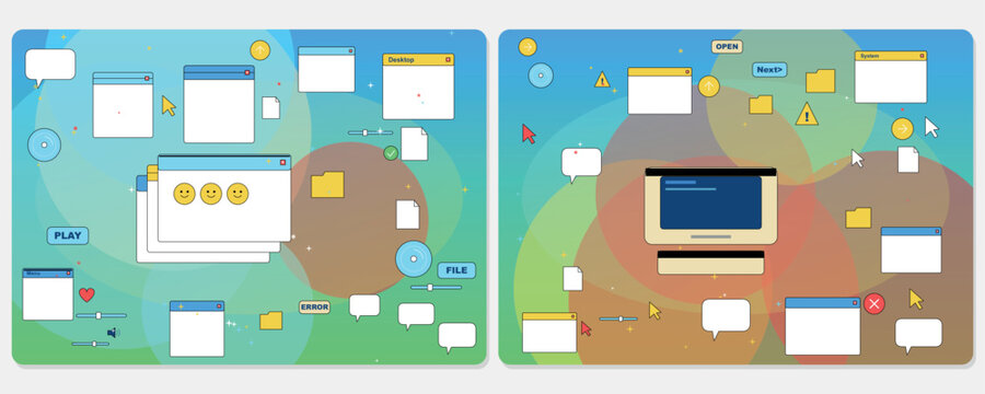Y2K retro UI elements pack, colorful pastel interface design, dialog windows, chat bubbles, buttons and icons. 90s computer aesthetic vector collection