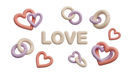 Obraz premium Romantic 3D Hearts and Rings in Pastel Colors with Love Text Isolated on White for Greeting Cards