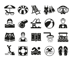 Swimming Pool Icons Set. Set of 20 swimming pool icons including lifebuoy, swimmer, goggles, beach ball and flip flops. Perfect for summer, vacation and sport projects. Vector illustration © InvisionFrameStudio